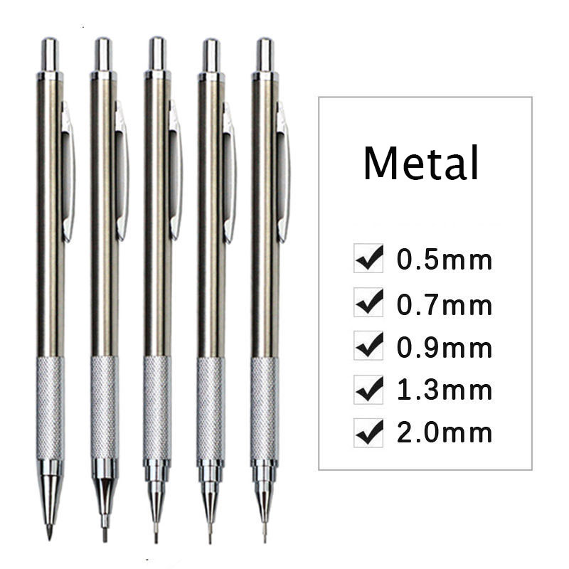 0.5/0.7/0.9/1.3/2.0mm 모든 금속 기계식 연필 쓰기 학생용 액티브 연필 학교 리드 포함
